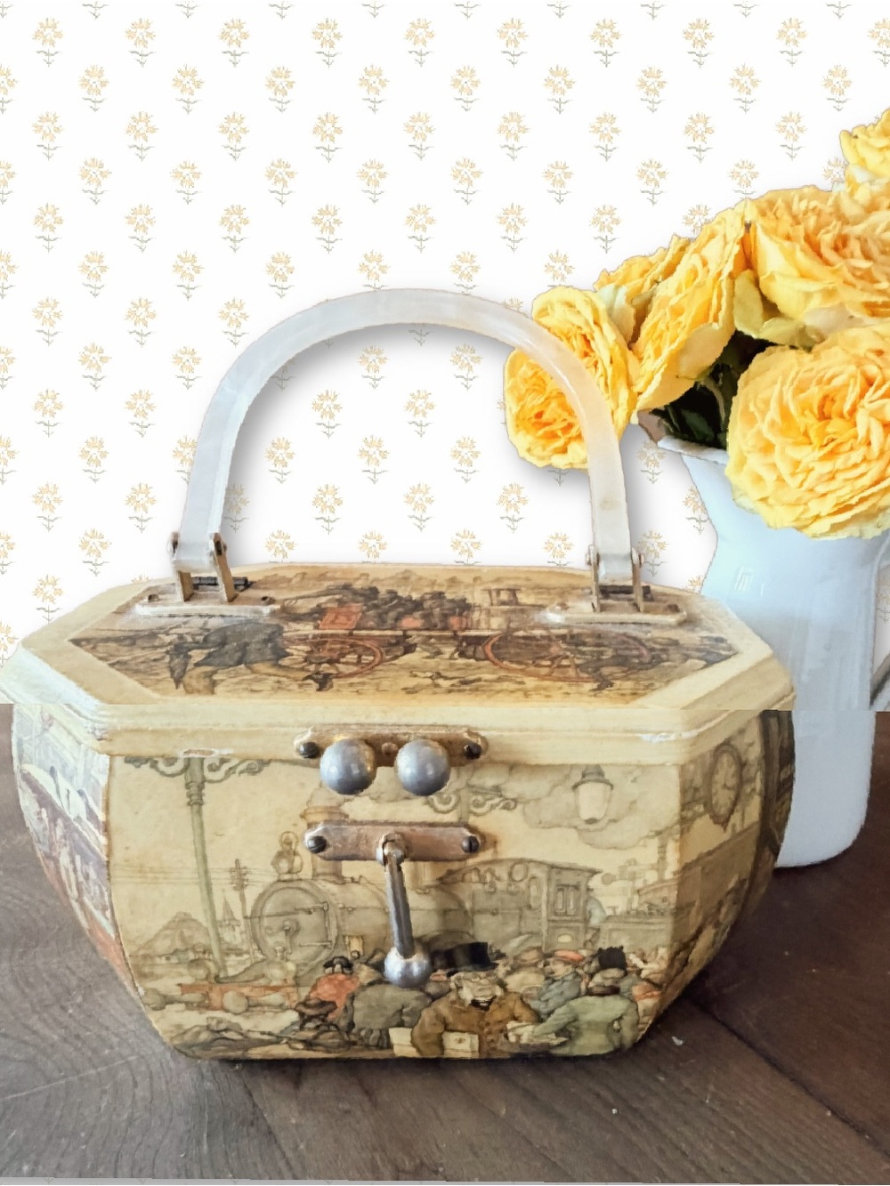 Vintage 1960s Anton Pieck Decoupage Wood Box
Purse Octagon Lucite Handle